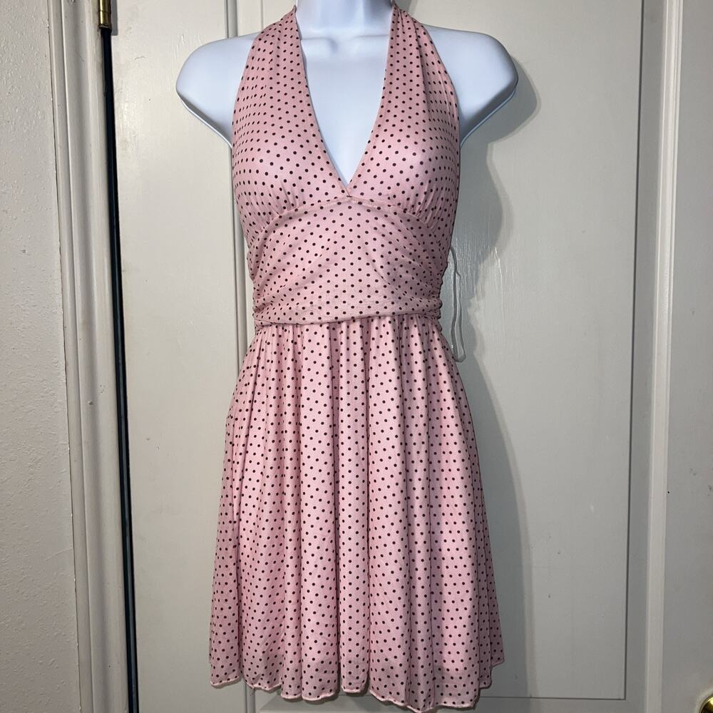 Polka Dot Open Back Halter Neck Dress Pink/Black Two Layer Size Small